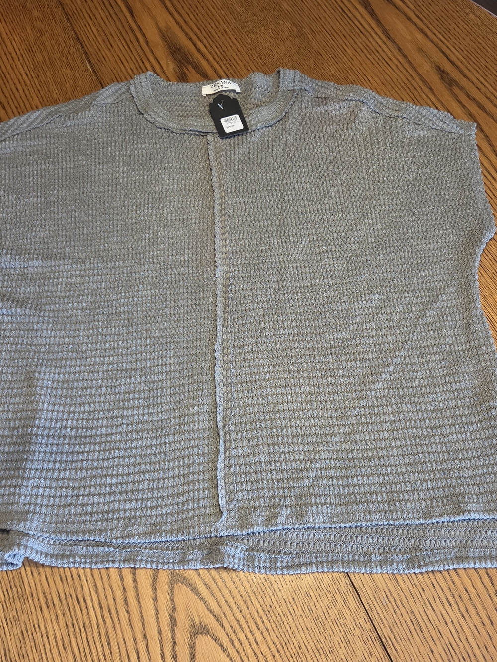 Zenana Outfitters Light Gray Waffle Knit Crewneck Sweater
